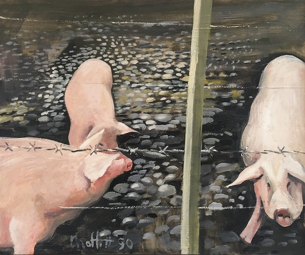 Trevor Moffitt | Canterbury Paddocks |, Pig Paddock No 3| oil on board |69 x 58 cm   McAtamney Gallery and Design Store | Geraldine NZ